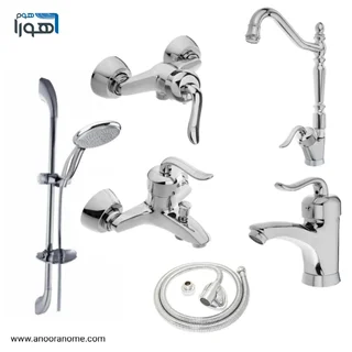 ست 6 تیکه شیرآلات قاجاری کروم به همراه علمدوش  و شیلنگ توالت