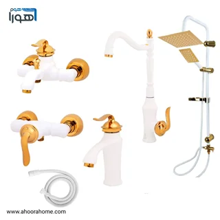پک ست شیرآلات 6عددی BARSA مدل بامبو سفیدطلایی همراه با علمدوش و شلنگ توالت AHOORA HOME