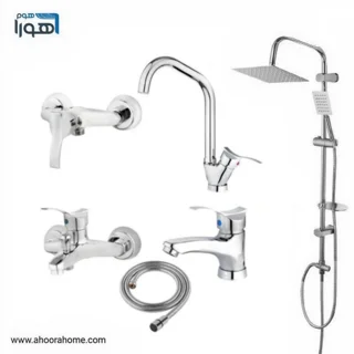 ست شیرآلات 6تکه آلنر ALNER مدل موج همراه با علمدوش دوکاره استیل و شیلنگ توالت