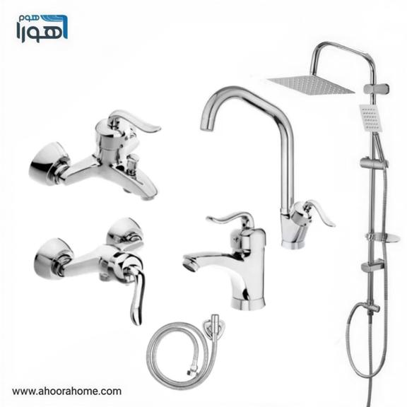 ست 6تکه شیرآلات مدل قاجاری همراه با علمدوش دوکاره استیل و شیلنگ توالت