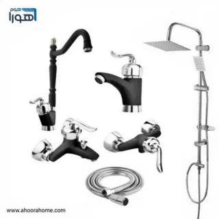 پک شیرآلات مدل قاجاری مشکی کروم مجموعه 6عددی با علمدوش استیل
