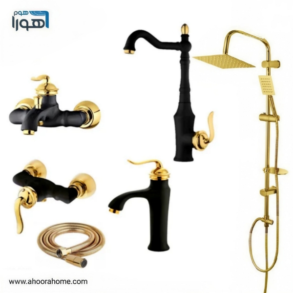 پک شیرآلات 6عددی بارسا BARSA مدل بامبو مشکی طلایی همراه با علمدوش استیل