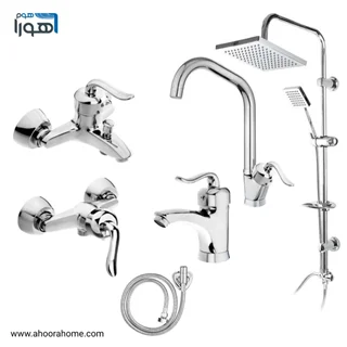 ست 6تکه شیرآلات AHOORAHOME مدل قاجاری همراه با علمدوش دوکاره و شیلنگ توالت universet